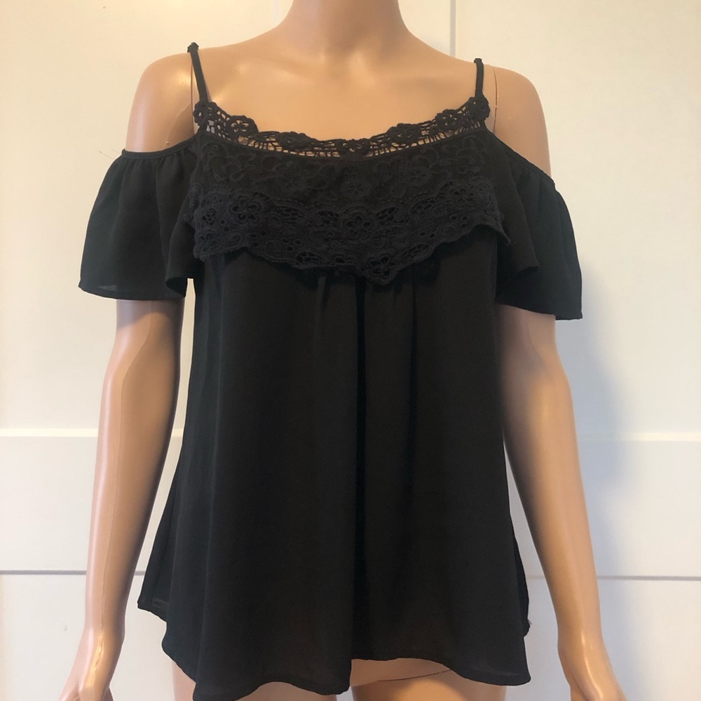 Decree Black Lace Off Shoulder Flowy Strappy Blouse Top XS X-Small
